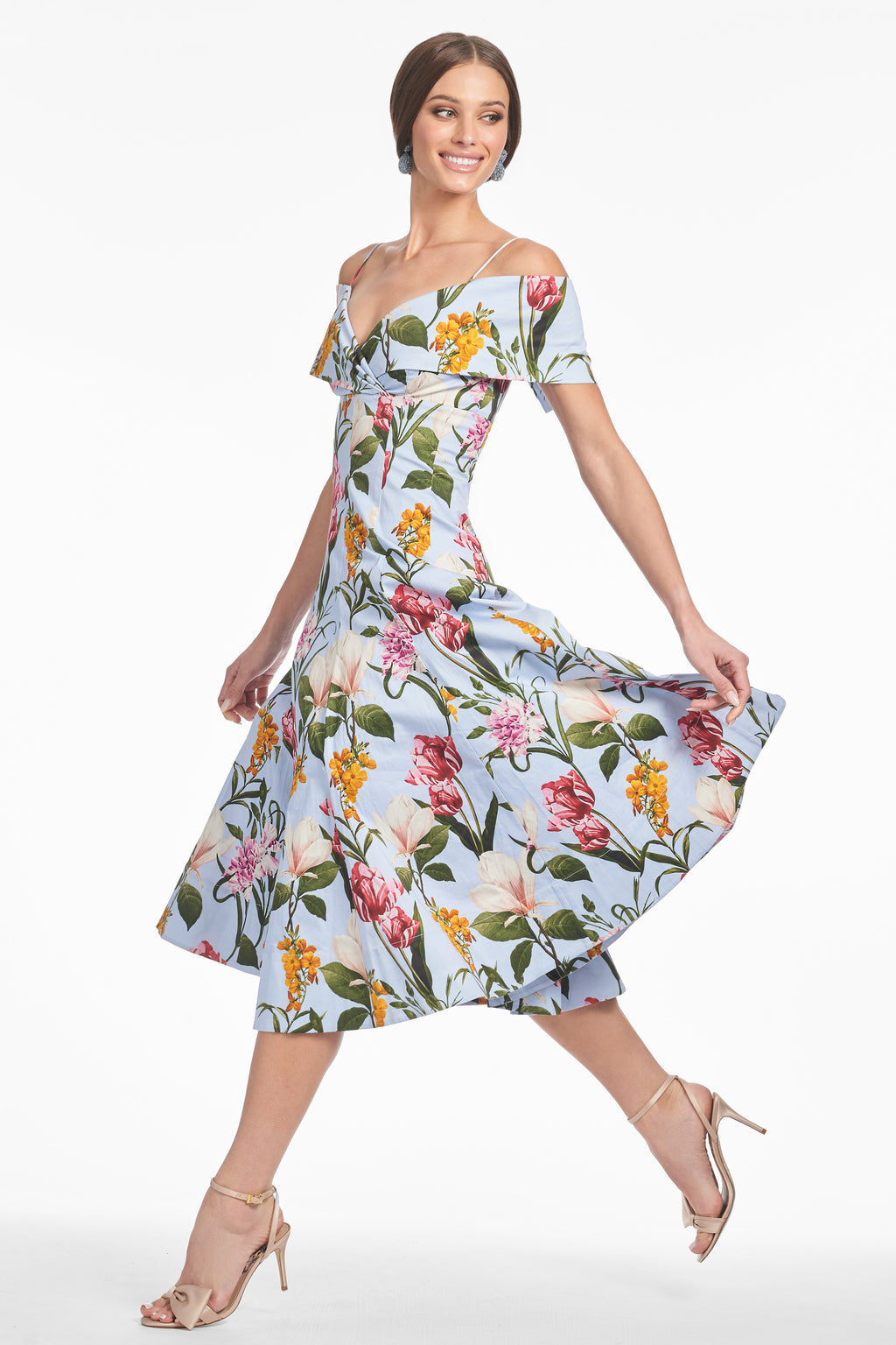 sachin & babi minnie off-the-shoulder floral a-line midi dress Sachin & Babi Minnie Dress - Glacial Blue Blossoms