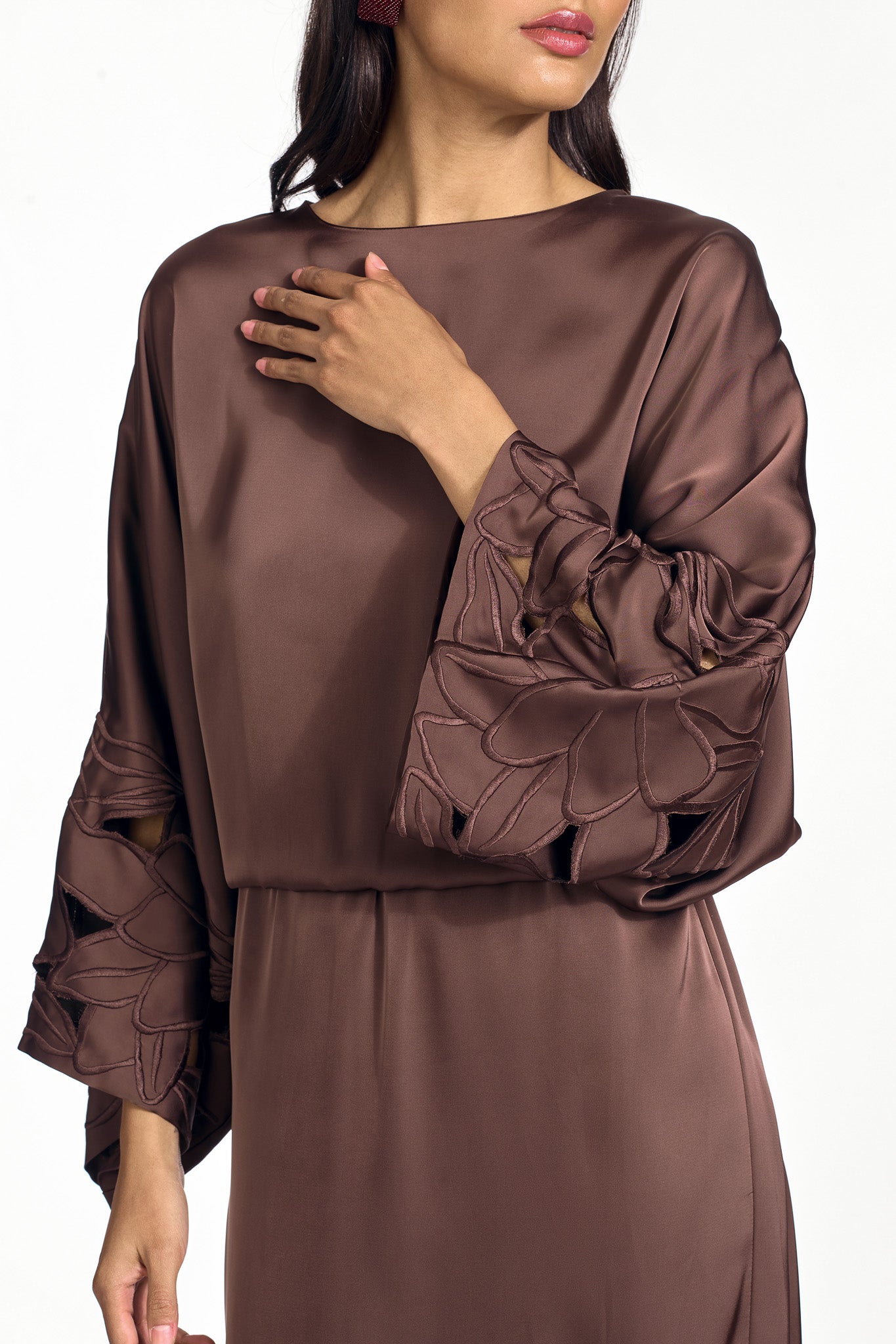 Kiera brown satin crepe midi column dress