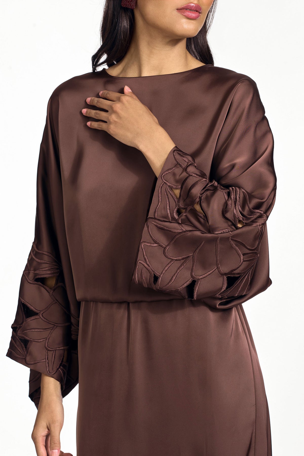 KIERA BROWN SATIN CREPE MIDI COLUMN DRESS