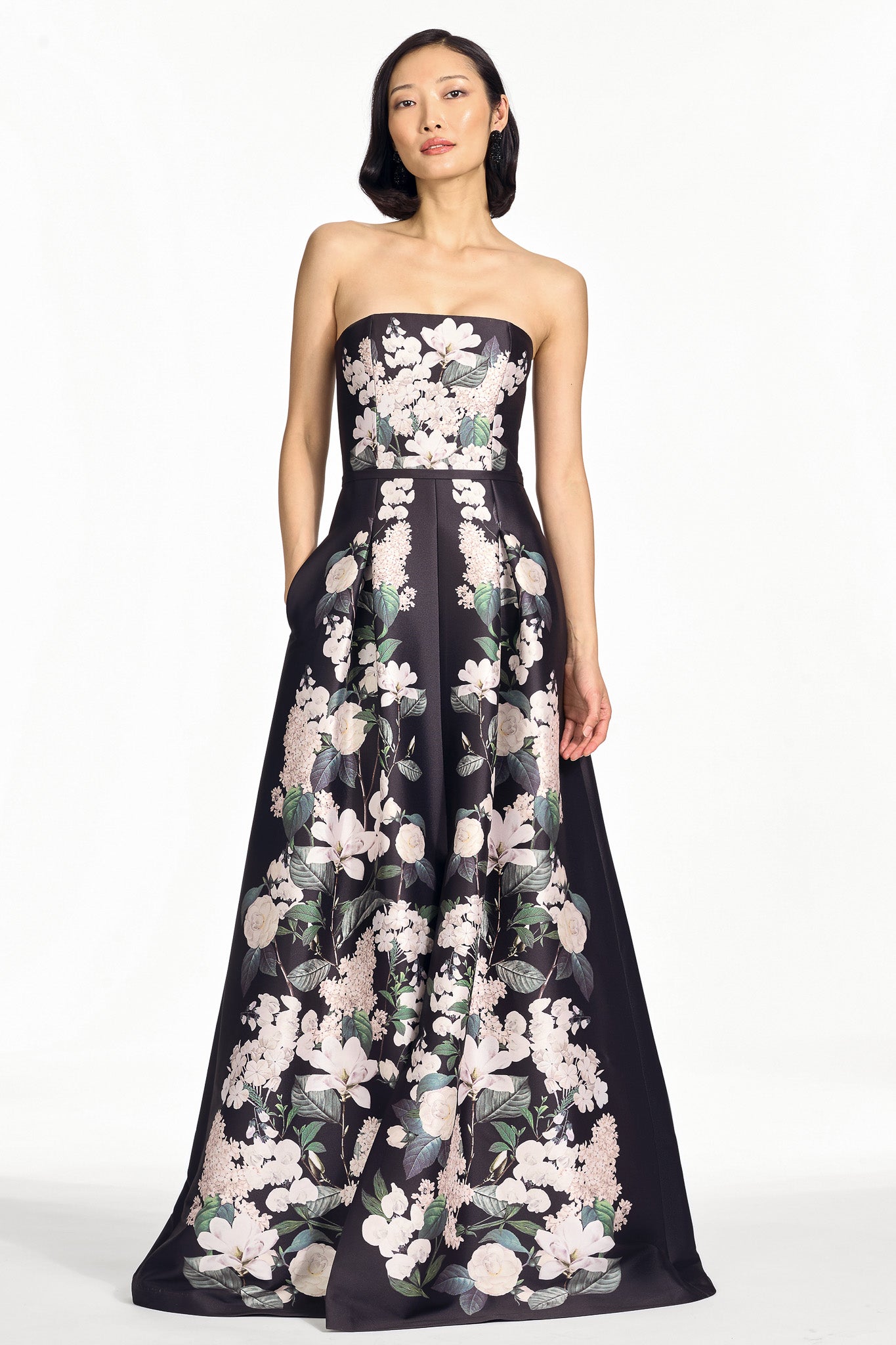 GILLIAN BLACK FLORAL MIKADO A-LINE GOWN