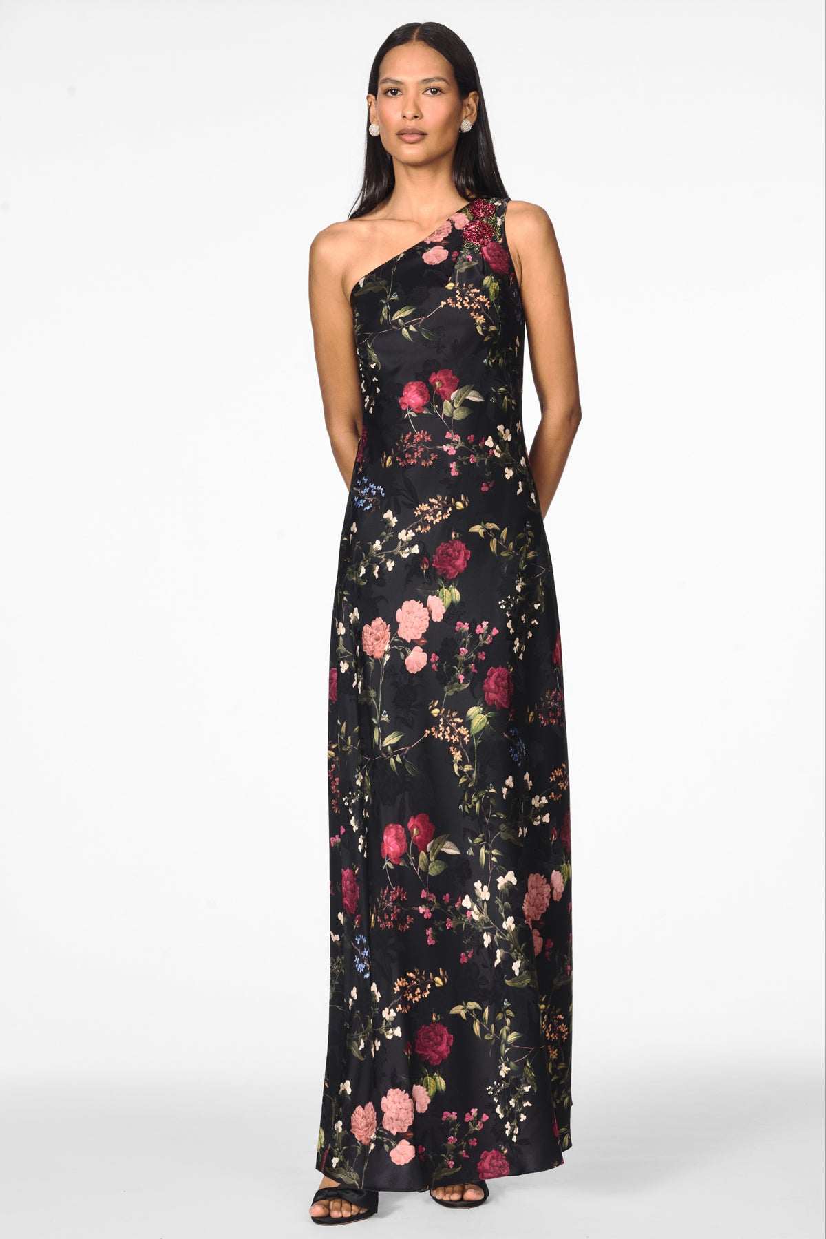 ALESSIA BLACK FLORAL ONE SHOULDER A-LINE GOWN