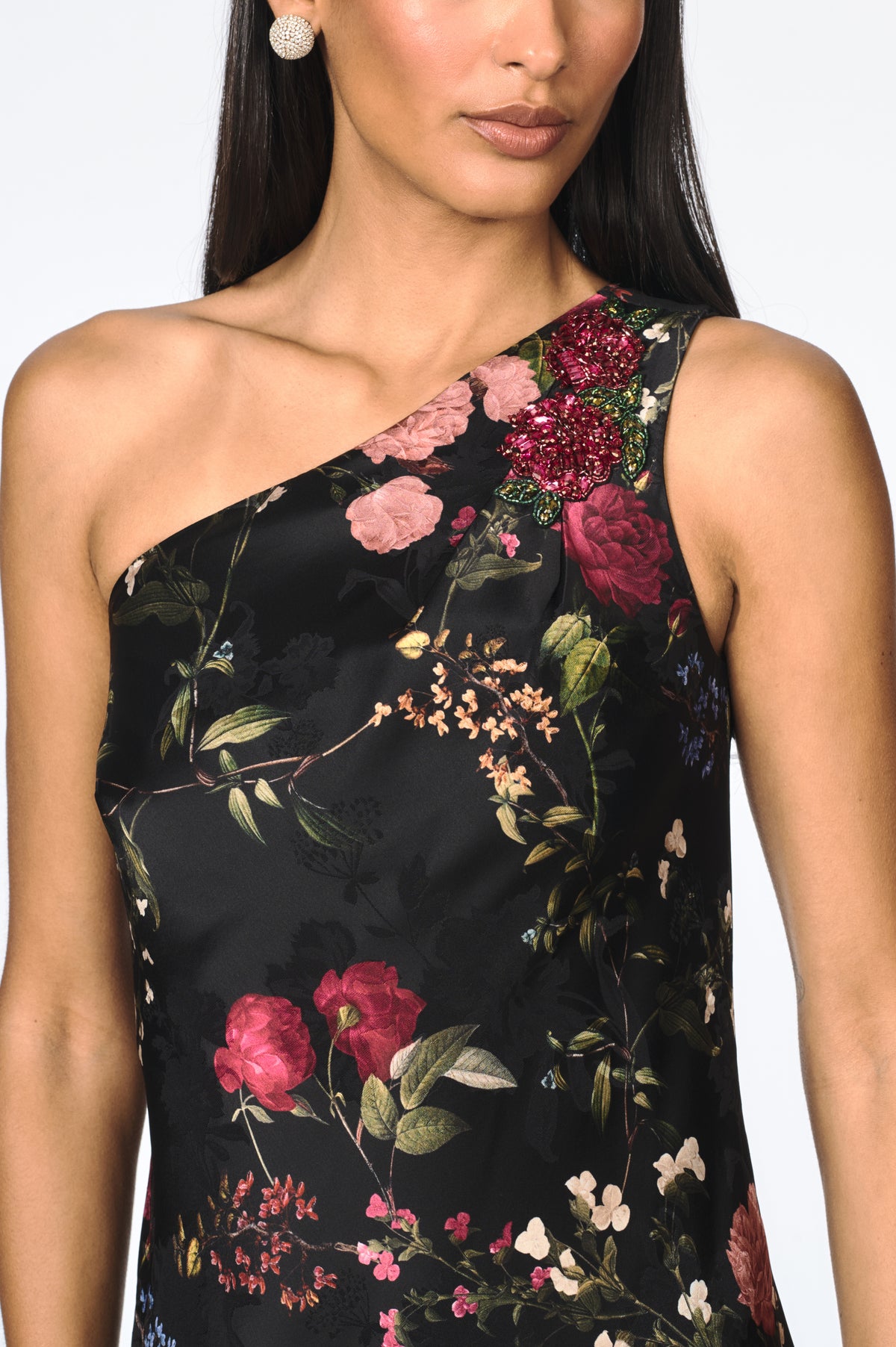 ALESSIA BLACK FLORAL ONE SHOULDER A-LINE GOWN