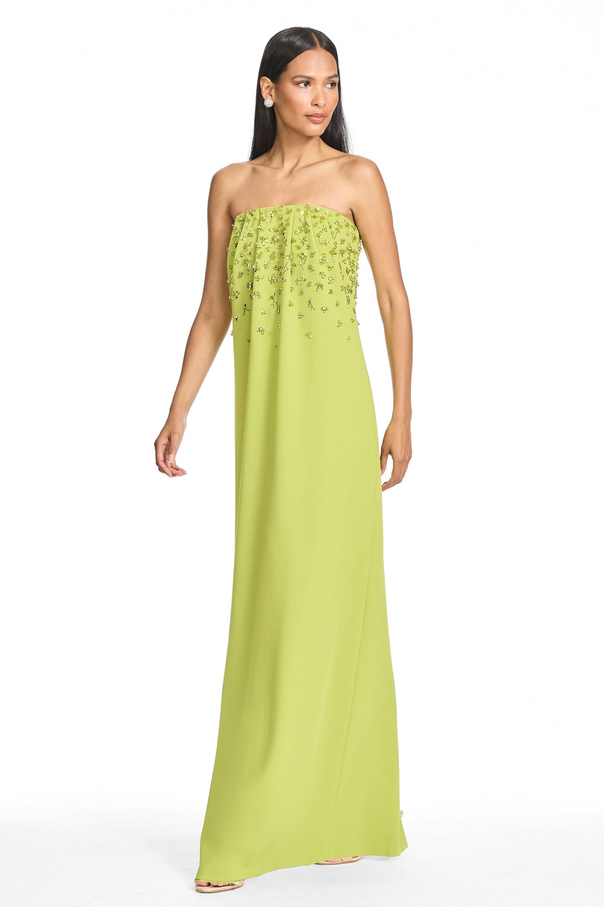 Garen green crepe strapless column gown