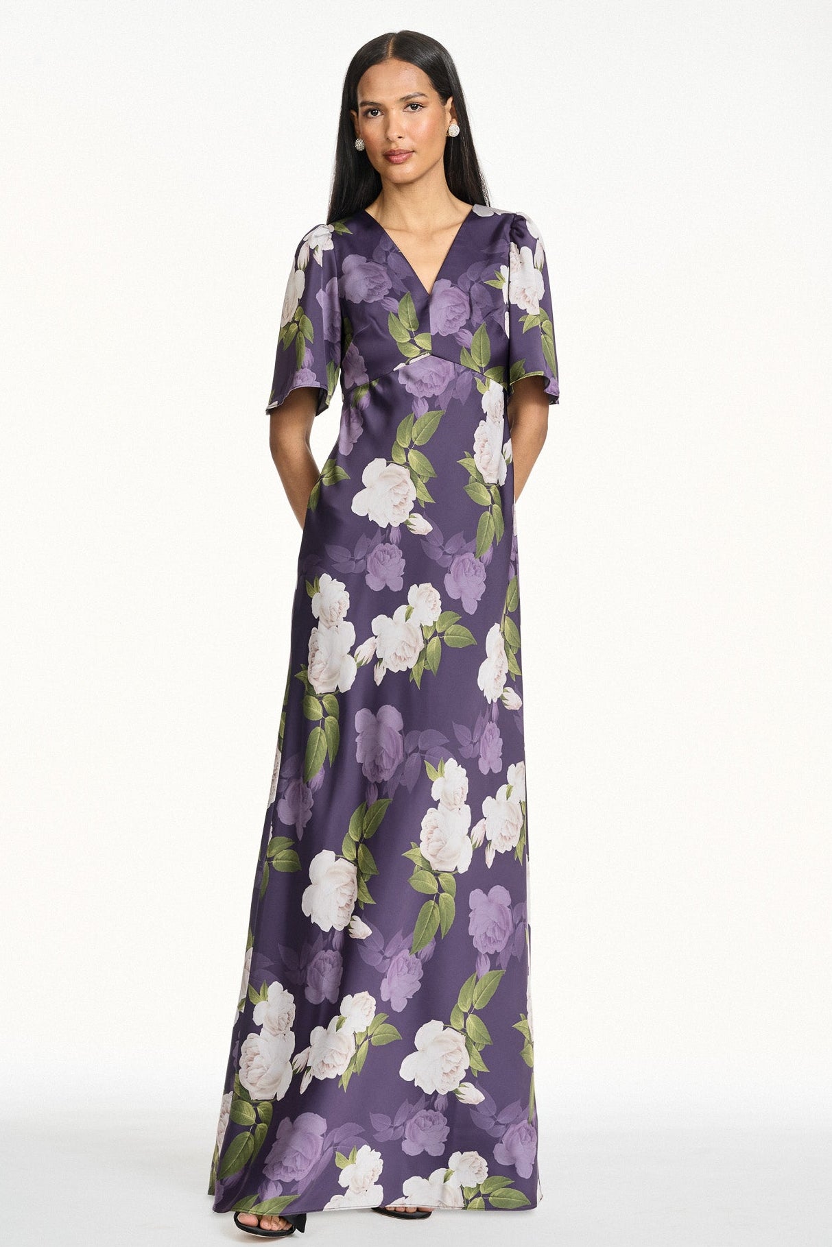MAE PURPLE FLORAL SATIN V NECK EMPIRE WAIST GOWN