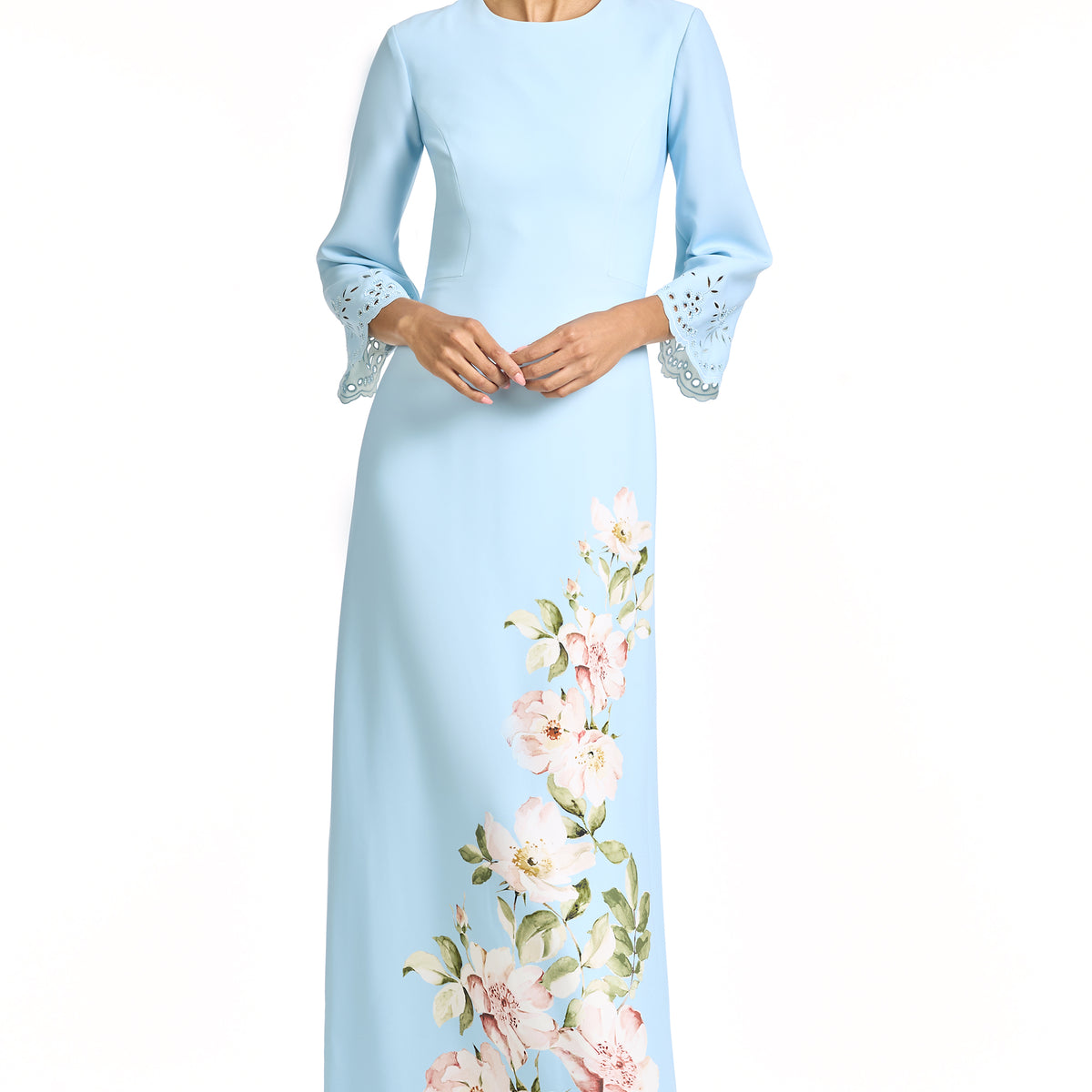 Sachin & Babi Kitty Sky Blue Floral Satin Sheath Gown