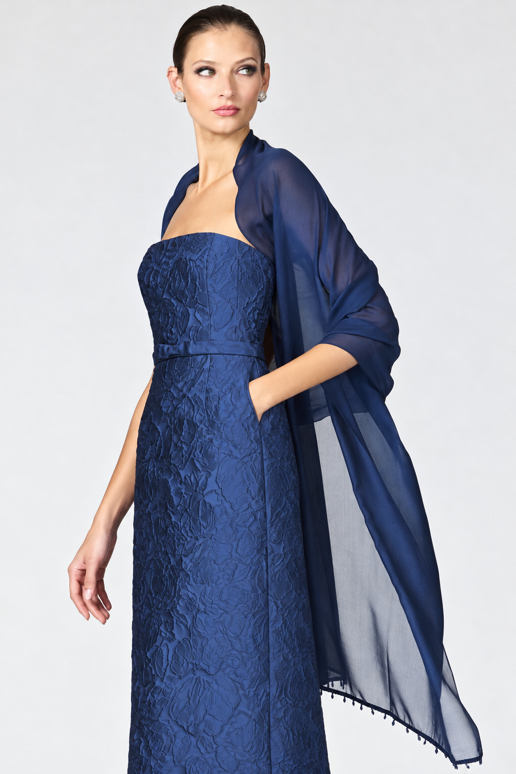 SOPHIA MIDNIGHT BLUE JACQUARD COLUMN GOWN