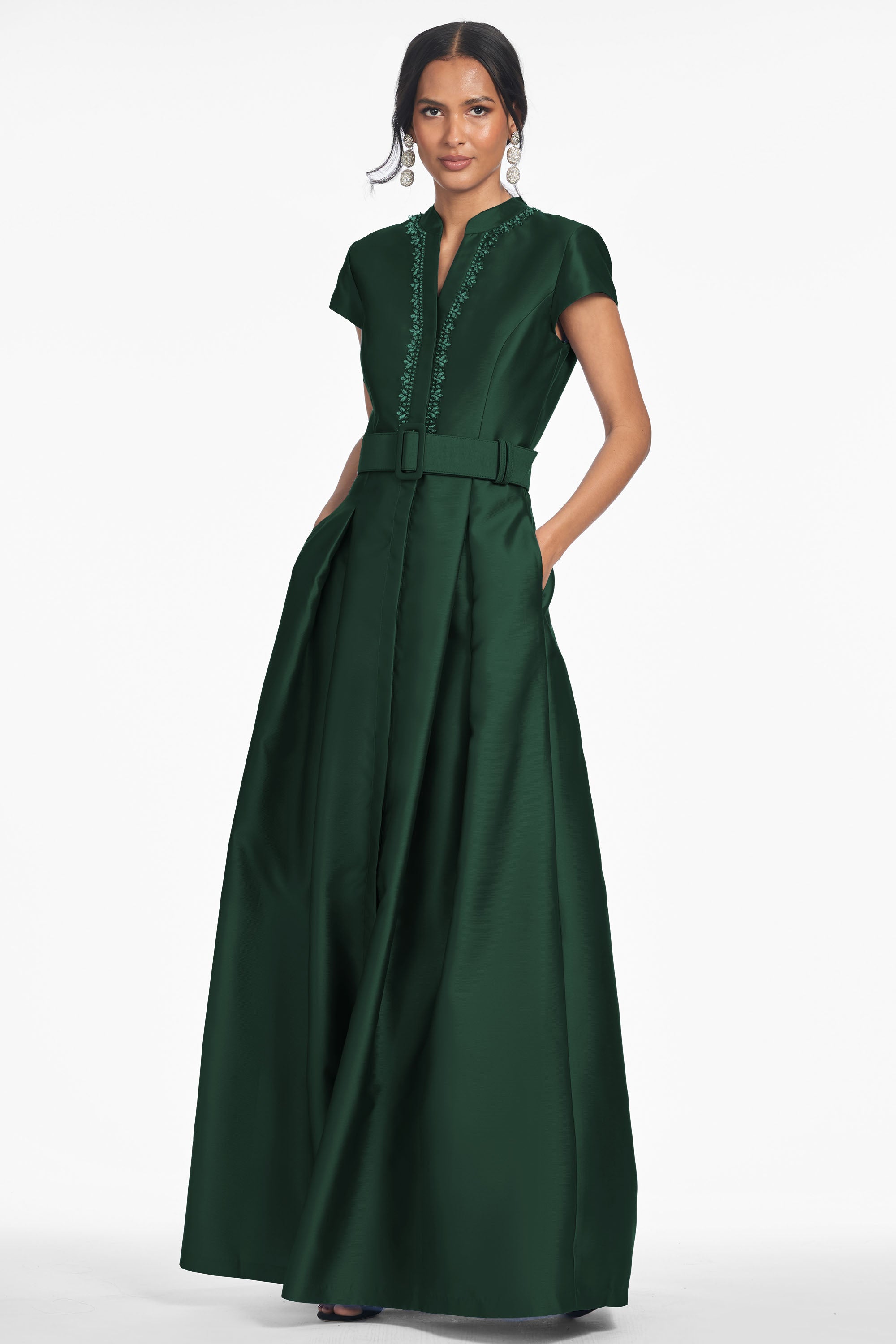MARTA FOREST GREEN EMBELLISHED MIKADO BALL GOWN
