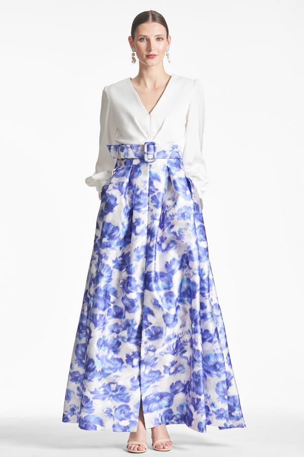 Zoe Gown - Off White/Azure Watercolor