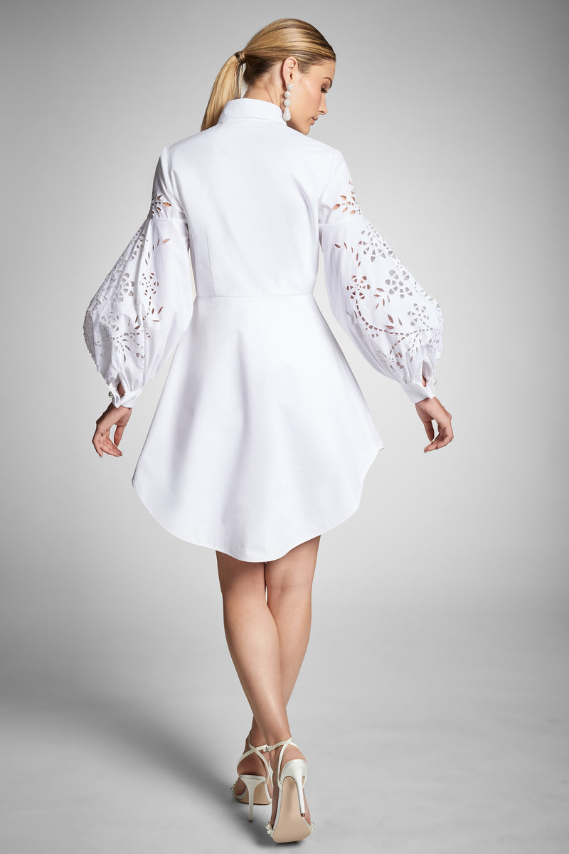 Embellished Metallic Floral Lace Tunic Dress - White/Silver